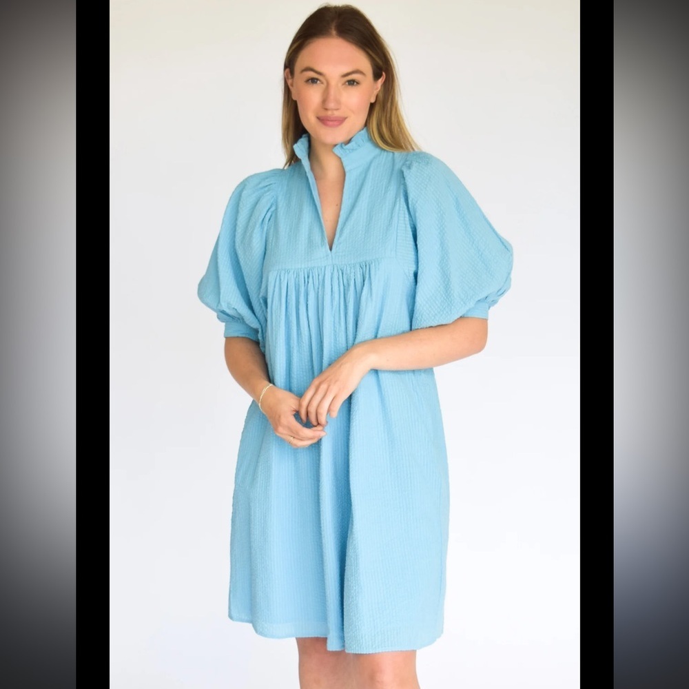 Never a Wallflower High Neck Dress Carolina Blue Seersucker Mini Medium $288